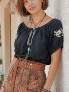 Gloria Vanderbilt Peasant Boho Puff Sleeve Blouse Black White Embroidery M